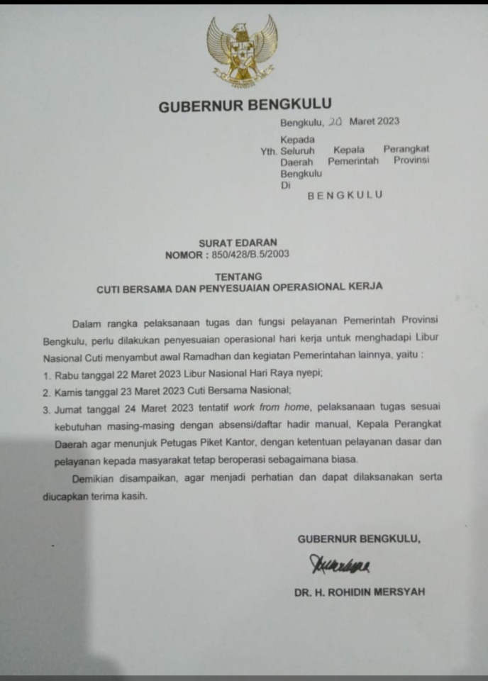 Penyesuaian Operasional Kerja, Gubernur Bengkulu Keluarkan SE 