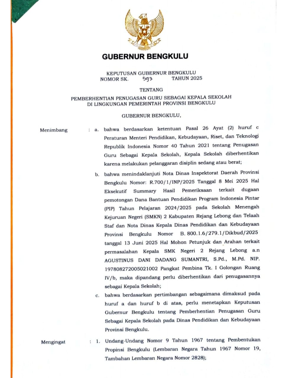 Gubernur Helmi Ambil Keputusan Bagi Kepsek SMKN 2 RL